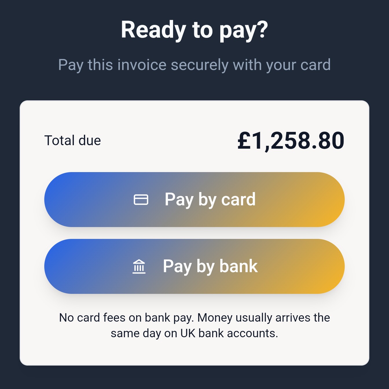 ViaInvoice pay by card or bank transfer options