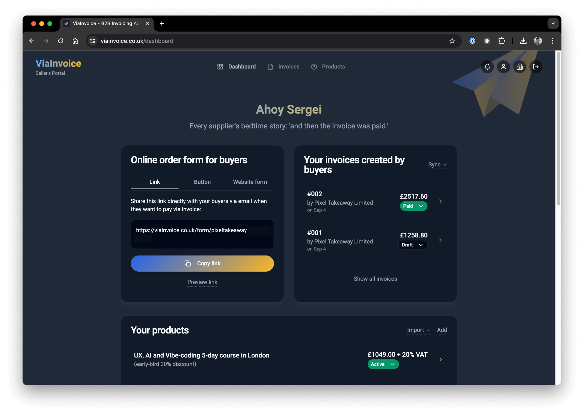 ViaInvoice dashboard for B2B automated invoicing